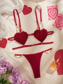 2pcs Valentine's Day Gift Set Women's Sexy Lingerie Set, Adjustable Straps, Double Hook Closure, Metal Chain Connection, Velvet Heart-Shaped Bra And Belt, Metal Chain Connection Thong, Solid Color Comfortable Sexy Intimate Apparel Set, 3pcs Bikini Set - Burgundy - View 10