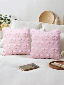 1/2Pcs Farmhouse Pink Bow Pillowcase Plush Square Single-Sided Pillow Cover Living Room Sofa Bedroom Home Decoration Car Cushion Cover Without Pillow Core - Pink - View 5