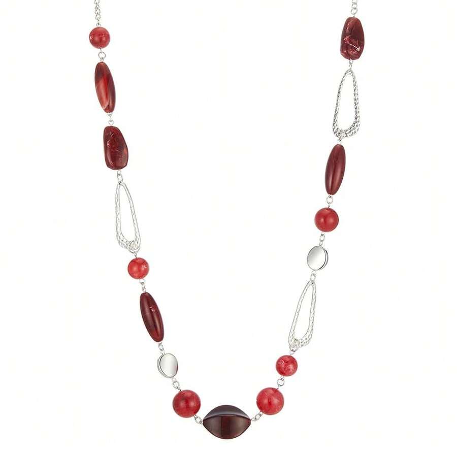 Noessla Layered Long Necklaces For Women Crystal Beaded Statement Necklace Sweater Silver Chain With Gifts Box Jewelry{Inchcolor_nameinch:Inch07-Redinch} - 07-Merah - View 1