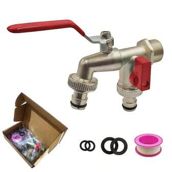 1 Stück Gartenwasserhahn aus Zinklegierung, 1/2" Anschluss, klassischer Stil, Doppelauslass, Blumen-Bewässerungsaufsatz, Schlauch, Bewässerungssprühdüse, Nebelsprüher, Reinigungswerkzeug, geeignet für Garten, Hof, Rasen und Outdoor-Bewässerungszubehör