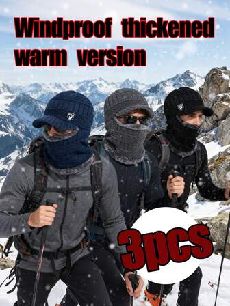3pcs/Set Winter Beanie Hat With Brim & Ear Flaps, Men Outdoor Wool Hat & Scarf Set, 3 Colors