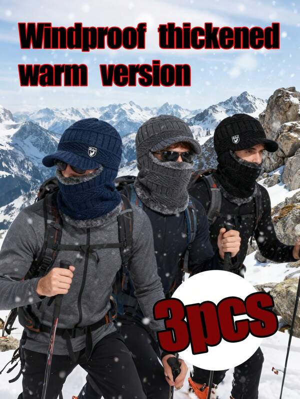 3 pièces/set Bonnet d'hiver avec bord et rabats d'oreilles, ensemble bonnet et écharpe en laine pour homme, 3 couleurs