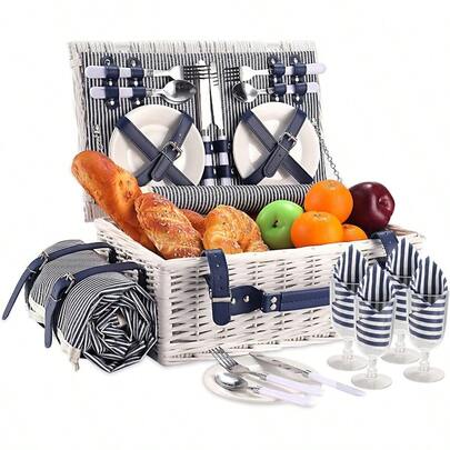 Large Wicker Picnic Basket For 4 Persons With Waterproof Picnic Blanket And Insulated Cooler Ideal For Camping Outdoor Gatherings Valentine's Day Christmas Birthday Celebrations And Wedding Gifts Durable Stylish And Practical For All Seasonal Events
