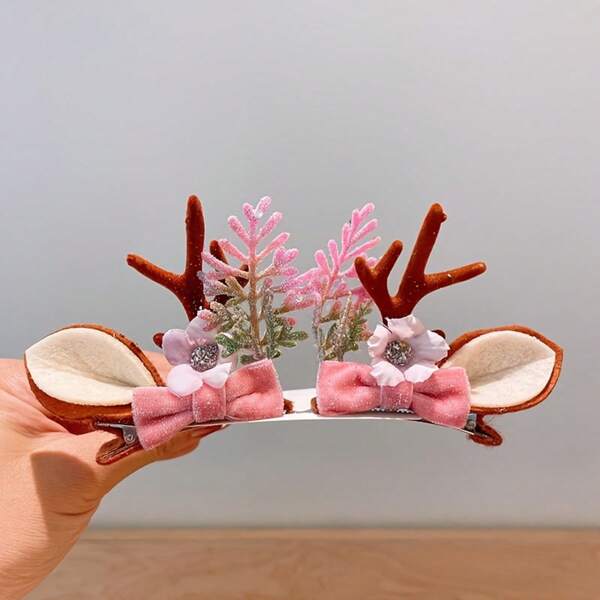 1 Pair (2 Pieces) Of Christmas Antler Deer Ear Hairpins For Women, Three-Dimensional Leaf Bow, Forest-Themed Christmas Headwear