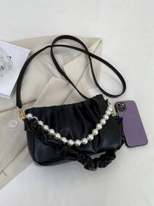 Fashionable & Elegant Pleated Pearl Decor Shoulder Bag - Black - View 8