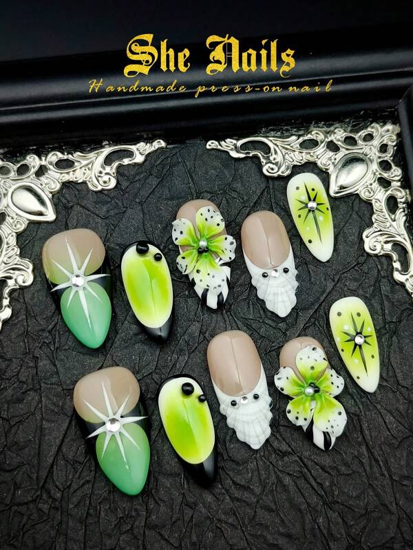 Cute Baroque Nail Art Look With DIY 10pcs Medium Long Almond Acrylic Handmade Press On Nails Glossy French Tip Western Punk Goth Style With Charming Purple Nails Brown Nails Green Nails, Black Nails, White Nails Gold Nails Paired With Metal Crosses, 3D Hand Carved Flowers, Hand Drawn Hexagram Star Suitable For Christmas Holiday And Daily To Use Wear With Free Gel Sticker Nail File.