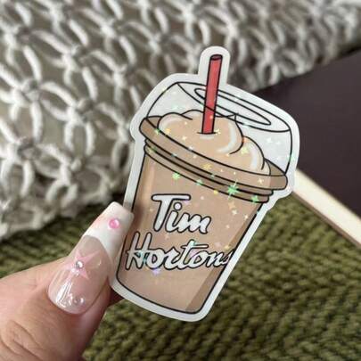 Tim Horton Coffee Cup Sticker - Cute Cartoon Design With Red Straws, PVC Decal For Laptops, Phone Cases, Glass Bottles & More - Fun And Functional Decorative Accessory