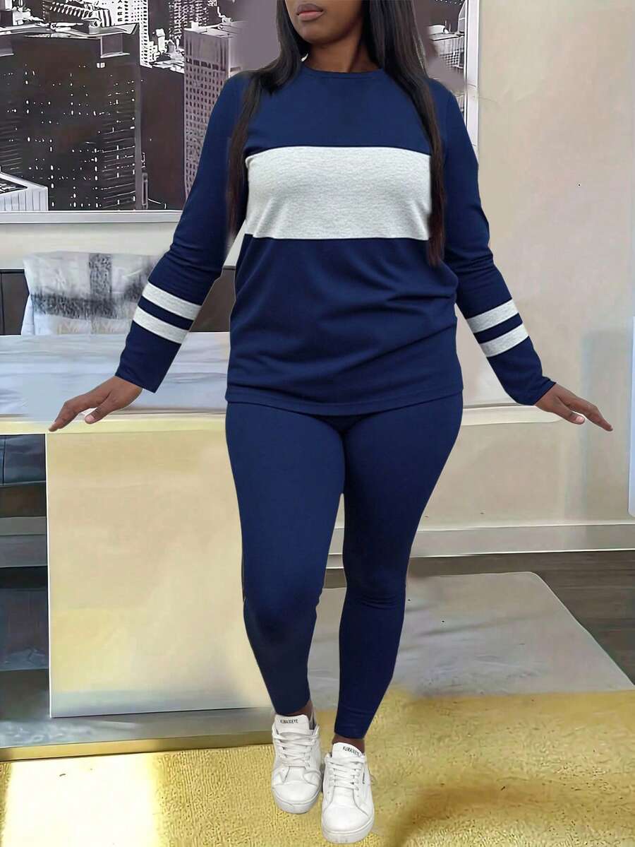 Plus Size Women Casual Blue-Grey Striped 2 Pieces Set - Navy Blue - View 1