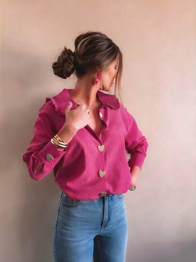 Camisa básica de mujer de otoño e invierno, elegante, casual y sencilla para uso diario, con botones de metal con forma de corazón rosa y rayas, tops de salida de mujer de otoño, ropa casual de negocios para mujer
