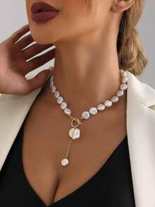 1 chiếc vòng cổ ngọc trai giả phẳng kiểu Baroque tối giản, thanh lịch, khóa cài OT, dây tua rua, thích hợp đeo hàng ngày và dự tiệc. - Dây chuyền tua rua khóa OT ngọc trai dẹt - Xem 9