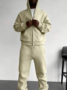 男女通用双拉链连帽衫，超大款酸洗连帽衫，厚实抓绒棉拉链连帽衫，复古款 - 卡其色 - 查看 7