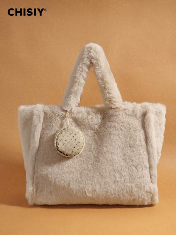 2pcs Fashionable Plush Elegant Minimalist Color Block Fabric Tote Bag, Large Capacity, Versatile Casual Handbag, Suitable For Work, School, Travel, Shopping, Autumn/Winter