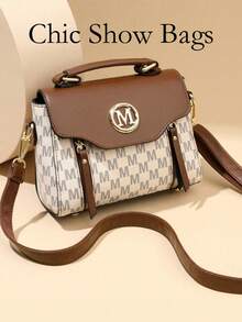 Stylish Classic Retro Presbyopia Contrasting Color Design Handbag, Simple And Versatile Printed Crossbody Bag, Adjustable PU Shoulder Strap Flip Closure Small Bag, Suitable For Workplace Commuting, Daily Casual Strolling, Vacation Travel, Mom Bag, Valentine's Day Gift, And Other Scenarios. - Brown - View 2