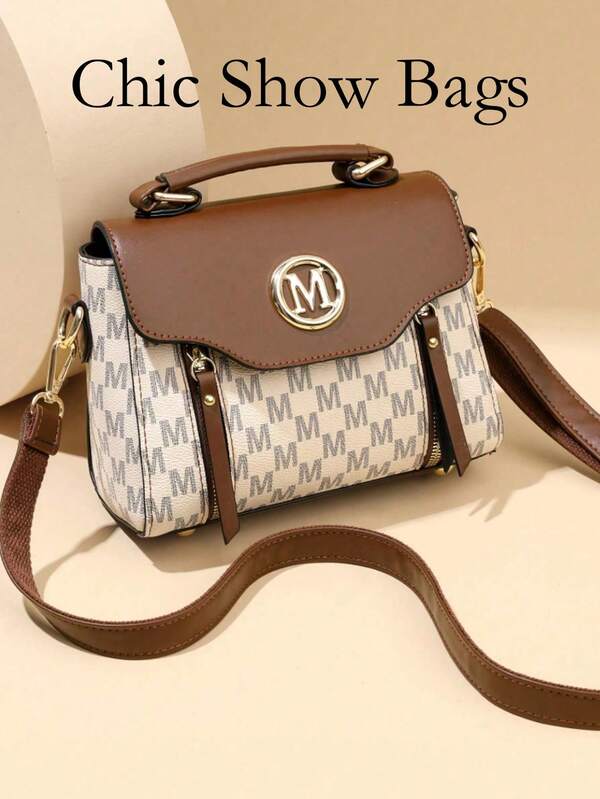 Retro Minimalist Printed Crossbody Bag With Adjustable PU Strap, Flap Closure