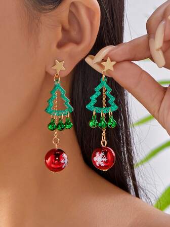 قرطان أنيقان للمرأة مبيعات ساخنة لعيد الميلاد، قرطان بتصميم هندسي إبداعي بشكل شجرة عيد الميلاد والجرس، هدية عيد الميلاد