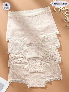 4pcs Women's Cotton Floral Print Hipster Panties, Cute Bow Decor, Sexy Lace Trim, Comfortable & Minimalist, Suitable For Daily Wear, All-Match Triangle Underwear, Fit For Young & Fresh Style - Multicolor - View 2