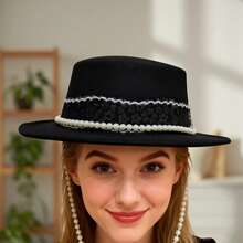 Women Autumn Winter Fedora Hat  Pearl Chain Wool Hat Felt Jazz Hat For Photography - Black - View 4