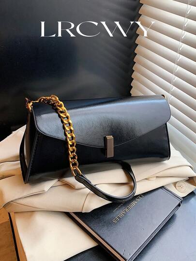 Women's Square Shoulder Bag, Flap Cover, Fashion Elegant Retro Lacquered Leather Metal Chain, Suitable For Shopping, Dating, Commuting, Minimalist Hardware Design, Black Color, Suitable For Women, Girls, College Students