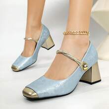 Retro Light Blue Metallic Toe Printed Buckle Chunky Heel Women's High Heels, Ankle Chain Decoration, Fashionable Women's Shoes For Summer. - Màu xanh lam - Xem 3