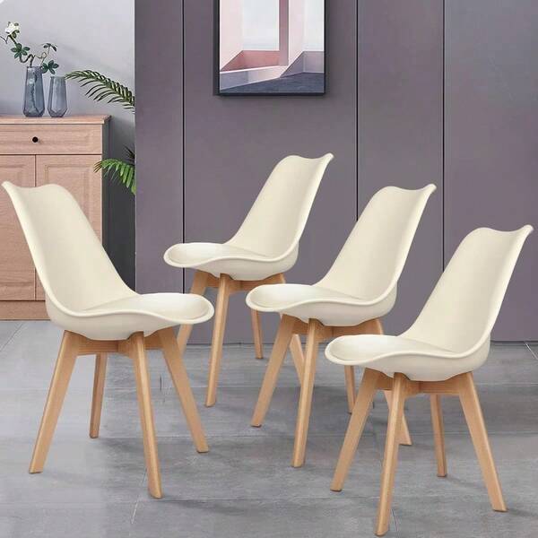 Dining Chair PU Leather Set Of 4 With Wood Legs Kitchen Cafe Chair With Ergonomic Backrest And AntiSlip Floor Protectors Max 150kg Beige