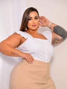 Women's Summer Plus Size Cropped Blouse With Ruffled Sleeves, Button Detail, Back Zipper, Curve Look, Sizes 44 To 54 - Blanco - Ver 4