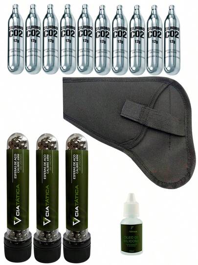 Kit 600 Esferas Aço 6mm 10 Cilindros CO2 e Coldre Universal Para Pistola de Gás 6.0 e Óleo Silicone