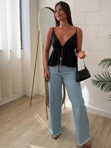 Women's Cropped Tank Top With Front Opening, Adjustable Tie, And Adjustable Straps - Spring 2025 Summer - màu đen - Xem 4