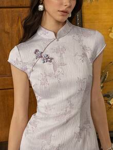 Women's Elegant Mandarin Collar New Chinese Cheongsam: Short Sleeve With Fashionable Side Slit | Perfect Occasions: Formal Events, Grand Galas, Business Banquets, Weddings, High-End Receptions Summer - Dusty Pink - View 7