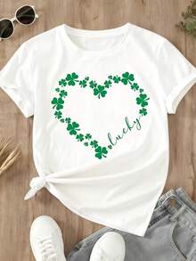 Lucky Shamrock Heart Design White T-Shirt For Women St Patrick's Day Celebration Casual Top - trắng - Xem 2