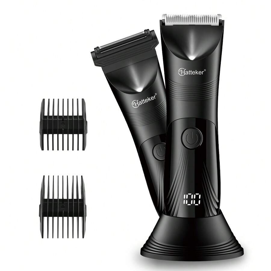 Hatteker 1pc 2in1 Male Electric Rechargeable Beard Trimmer LED Display Ceramic Blade Body Trimmer Grooming Kit