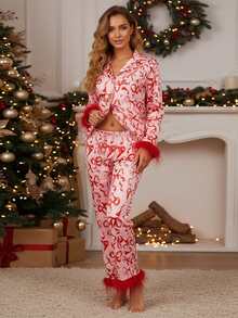 Conjunto de pijama navideño de moda para mujer: pijama de satén con estampado de lazo y ribete de pelo. - Burdeos - Ver 5