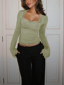 Women's Y2K Lace Trim Blouses Long Sleeve Square Neck Slim Fit Party T-Shirt Summer Casual Going Out Crop Tops Streetwear - Light Green - View 1