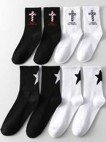 4 Pairs Men's Black & White Pentagram Pattern Socks, Versatile, Anti-Slip, Moisture-Wicking, Mid-Calf Length - Multicolor - View 13