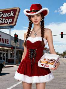 红色毛绒圣诞老人性感连衣裙配红色牛仔帽，圣诞装扮 - 彩色 - 查看 6