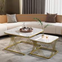 Two-Piece Square Coffee Table Set, Nestable Next To A Sofa, Multi-Functional Side Table With Gold Metal Frame Legs And White Marble-Patterned Tabletop, Suitable For Living Room, Dimensions 70*70*43 Cm, White + Gold. - Platinum - View 6