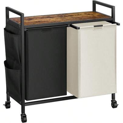 Double Laundry Hamper With Lid And Rolling Wheels For Efficient Clothes Organization Iron-Made Laundry Sorter With Top Shelf And Two Removable Bags Large Capacity Storage Solution For Bedroom Or Laundry Room Black And Beige