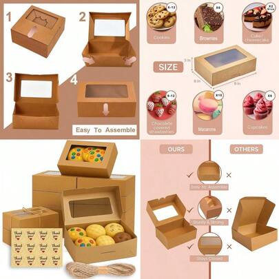 30 Pack Cookie Boxes With Window For Gift Giving 9x6x3 Inches Bakery Boxes - Small Cookie Containers For Treats Desserts Strawberries Cupcake Pastry Charcuterie Baked Goods Brown Gift