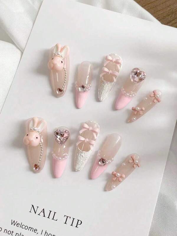 Nueva atmósfera rosa y delicada para niñas, nuevo estilo francés con lazo, conejo tridimensional de carácter, deseo puro de aparecer blanco, con decoración de uñas, uñas postizas desmontables