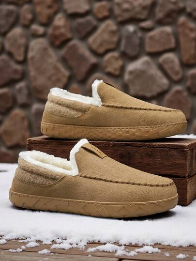 男士驼色绒面革保暖内衬乐福鞋，室内休闲保暖套脚鞋，秋冬季复古时尚户外雪地乐福鞋