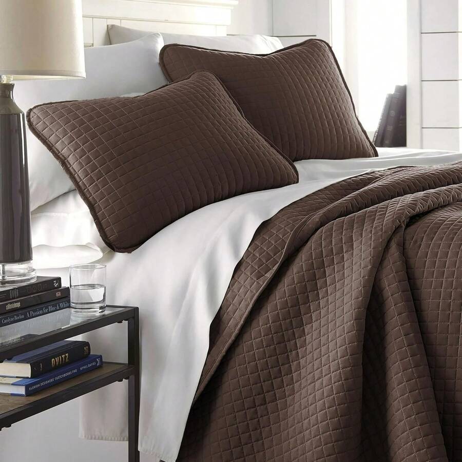 Full/Queen Quilt Bedding Set, Microfiber Quilts Queen Size, Coverlet, Stain & Pet Hair Resistant Bedding, Full Size Bedspread With 2 Pillow Shams, Bone, 2025 - 07 - 巧克力棕色 - 查看 1