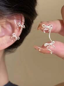 2件套时尚蝴蝶结装饰夹式耳环，适合女性日常佩戴