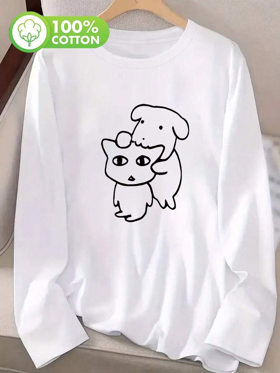 Quần áo nữ, Quần áo mùa thu dành cho nữ, Họa tiết Shiba Inu đơn giản dễ thương, Áo nữ thanh lịch, Trang phục thường ngày cho phụ nữ, Áo dài tay, Quần áo mùa thu cho nữ, Áo sơ mi dài tay, Áo phông dài tay - trắng - Xem 1