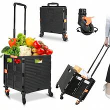 Utility Cart Folding Portable Rolling Crate Handcart With Lid Durable Heavy Duty Plastic Telescoping Handle Collapsible 360 Degree Rotate Wheels For Travel Shopping Moving Luggage Office Use Black - ĐenBlackLid - Xem 5