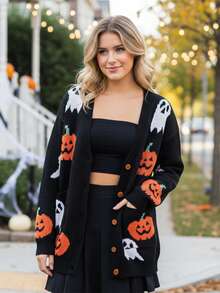 Womens Halloween Knit Cardigan Ghost Pumpkin Ribbed Trim Button Down V Neck Long Sleeve Sweater Jacket - Black - View 5