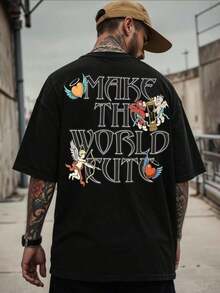 Manfinity Homme Men's Loose Fit T-Shirt With Embossed Lettering - Black 2 - View 2