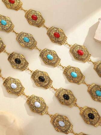 1件金属雕刻绿松石腰链，波西米亚风锌合金材质，适合圣诞派对、节日及休闲场合佩戴