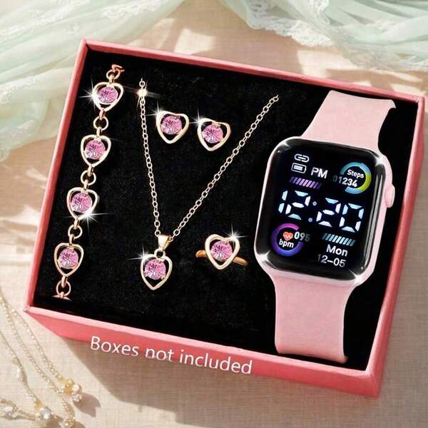 This Six Pieces Women's Fashion And Minimalist Digital Watch Set Includes A Bracelet, Necklace, Ring, And Earrings. The Square Dial And Silicone Strap Make It Suitable For Everyday Wear, Portable, And Easy To Use. It's An Ideal Gift For Her, And Also Perfect For Holidays Like Valentine's Day And Halloween.