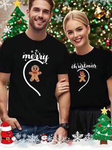 1PC envío local/camiseta de manga corta de cuello redondo estilo pareja con estampado de patrón de pareja, cómoda y a la moda, adecuada para uso diario casual, el mejor regalo para el Día de San Valentín - Hombres - Negro - Ver 6