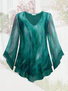 CheersLife Blusa elegante de mujer con cuello en V, de doble capa, con malla elástica, de estilo casual y fluido para el trabajo, con volantes y mangas acampanadas 3/4