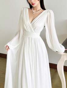 YeonC 长袖性感V领纯色修身长裙